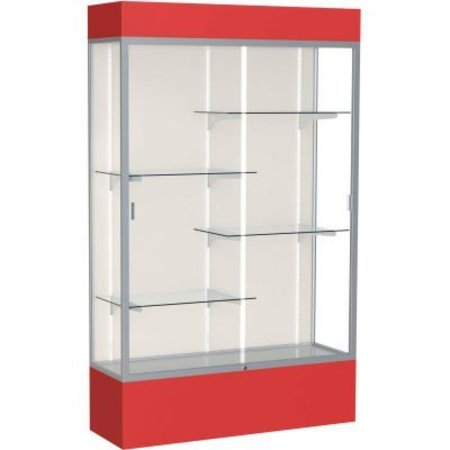 WADDELL DISPLAY CASE OF GHENT Spirit Lighted Display Case 48"W x 80"H x 16"D Plaque Back Satin Finish Red Base & Top 3174PB-SN-RD
